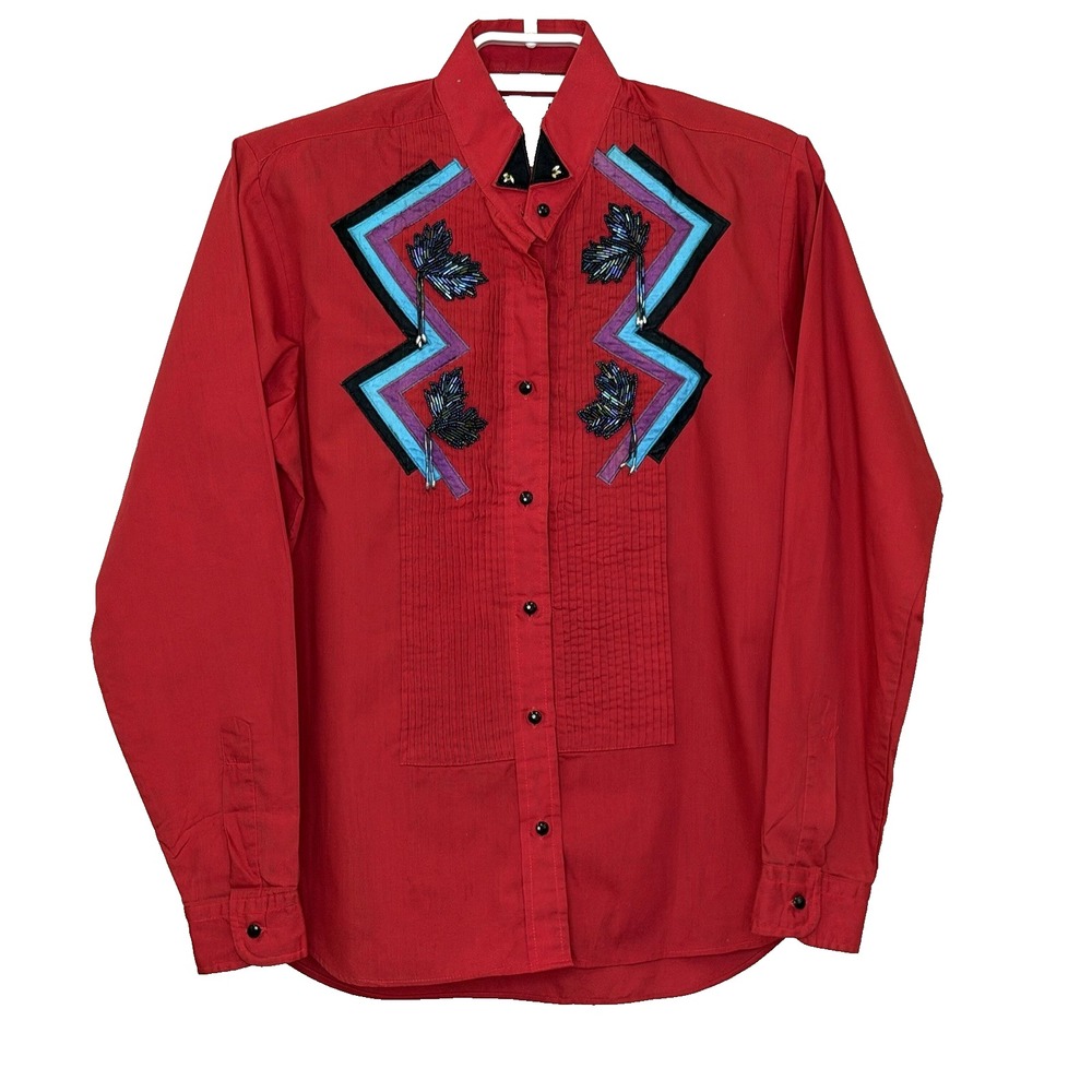 Vintage Wrangler Western Button Front Top Womens Large Red Embellished Front